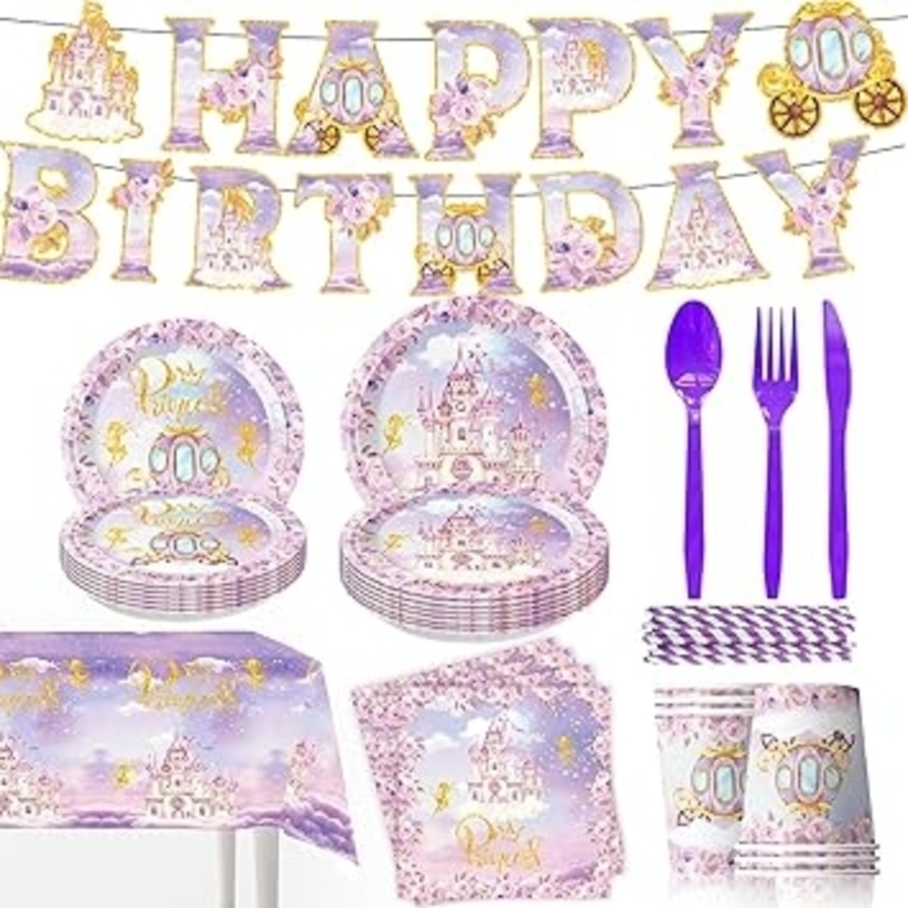 Purple and Gold Princess Birthday Party Disposable Tableware Supplies Set